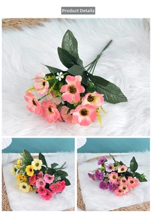 Detailed view of artificial silk cherry blossoms in pink, yellow, and purple hues