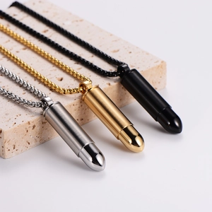 Men's stainless steel bullet pendant necklaces in black, gold, and silver finishes