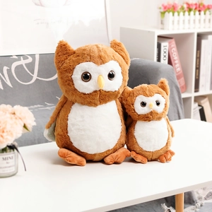 Set of two plush owl toys in brown and white, soft decorative pillows for children
