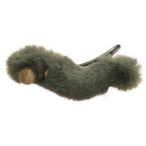 Winter plush hair clip in grey-green faux fur with marble bead and gold metal detail