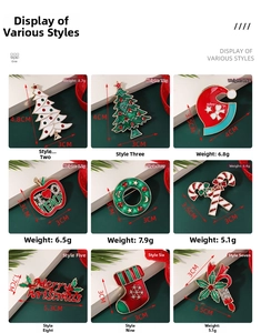 Detailed view of nine festive Christmas brooches with specific sizes and weights shown
