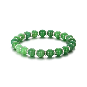 Elastic agate beaded bracelet with tiger eye stone and stainless steel spacers on white background