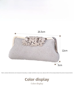 Silver rhinestone clutch bag with floral clasp and size detail dimensions 26.5x5x12cm