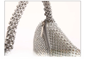 Detail of mirror-finish stainless steel hardware on this sparkling rhinestone evening bag