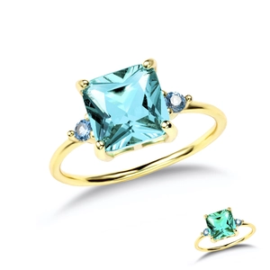 Elegant gold square cut light blue gemstone ring with side stones on white background