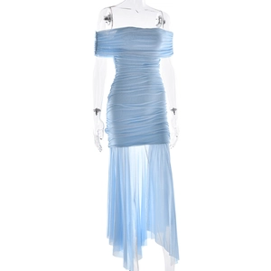 Detail showing light blue off-shoulder dress with pleated texture and mesh ribbon hem