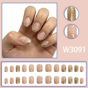 Schneeflocken-Nägel zum Aufkleben in Nude mit Goldglitzer, eckige Form, 24-teiliges Set