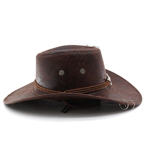 Detailed view of the dark brown cowboy hat showing distressed leather texture and braided rope