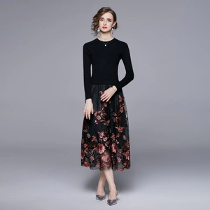 Retro black knit dress with heavy embroidery and elegant mesh patchwork skirt