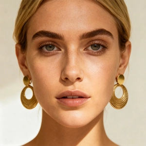Close-up of golden hollow circular drop earrings with radiant texture on a model
