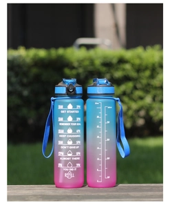 Close-up of 32oz gradient sports bottle with time markers and motivational quotes