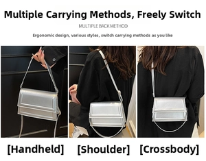 Detailed views of a versatile silver crossbody square bag with adjustable shoulder straps
