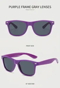 Close-up of purple retro sunglasses with grey lenses and stylish metal rivets