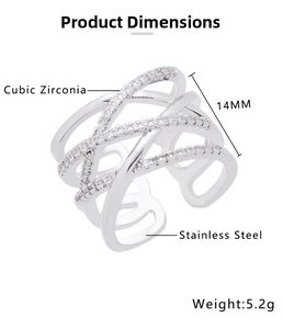 Detail of multi-layer crisscross stainless steel ring with cubic zirconia inlay, 14mm width