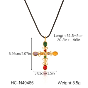 Cross necklace dimensions 5.26x3.81cm with colorful stones and 51.5+5cm cord details