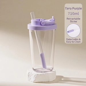 Close-up of 710ml Tritan cup with large telescopic straw for boba and purple lid