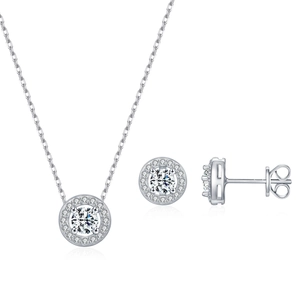 Classic S925 sterling silver halo jewelry set with round moissanite pendant and earrings