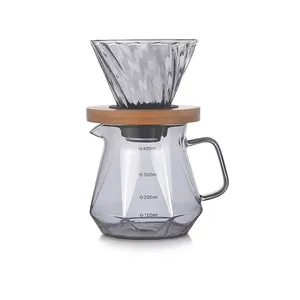 Manual Pour Over Coffee Dripper And Sharing Pot Carafe Heat Resistant Borosilicate Glass Wood Base Diamond Pattern Modern