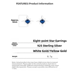 Detailed view showing 925 sterling silver octagram stud earrings with blue stone and size info