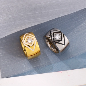 Exaggerated stainless steel wide rings in gold and silver with square cut zircon stones
