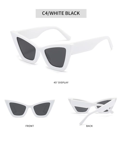 Cat eye sunglasses in white frames with dark lenses shown in front, back and side views