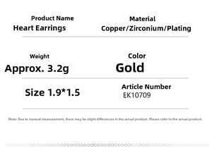 Detailed size and material specifications for heart-shaped gold zircon earrings