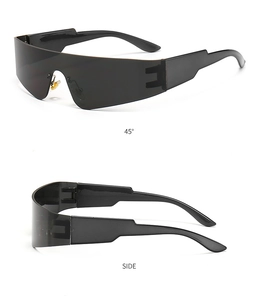 Detailed view of futuristic rimless sunglasses with wide temples and yellow nose pads