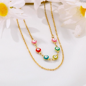Double-layer gold evil eye necklace with colorful enamel beads and dainty chain