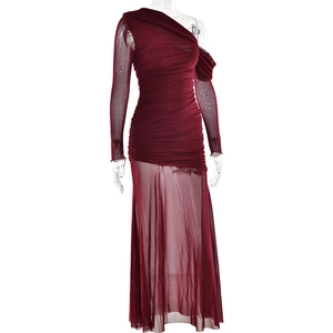 Close-up of elegant wine red mesh detailing and ruched fabric on one-shoulder dress