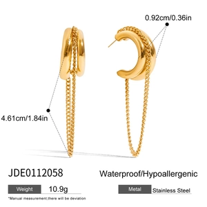 Detail view of gold stainless steel C-shape earrings with double chain tassel and dimensions