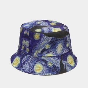Starry Night oil painting print bucket hat with wide brim and reversible design for sun protection