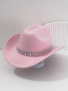 Pink felt cowboy hat featuring shimmering silver rhinestone fringe and stud details