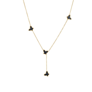Detailed view of gold Y-shaped necklace with four lucky black shell butterfly charms