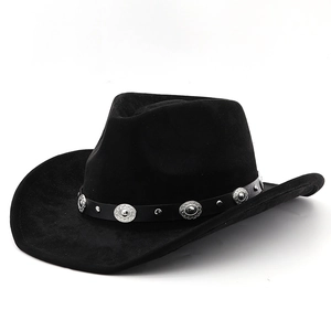 Detail of black western cowboy hat featuring silver concho studs and a curved wide brim