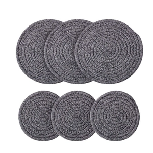 Set of six grey woven cotton coasters with round spiral pattern for heat insulation
