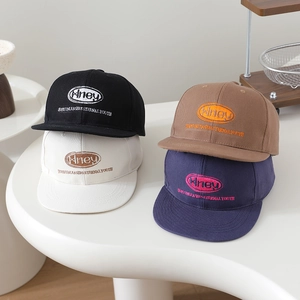 Child hip-hop flat brim hat with embroidered oval logo in four classic colors