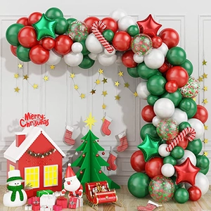 Christmas balloon arch kit with red green and white latex balloons and candy foil stars