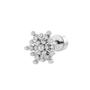Exquisite silver snowflake cartilage stud earring featuring a pearl and zircon accents