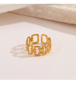 Detail of 18K gold plated stainless steel ring featuring a hollow rectangular chain design