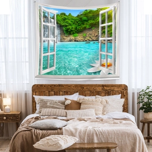 Detail of high-definition bohemian faux window tapestry featuring tropical waterfall scenery