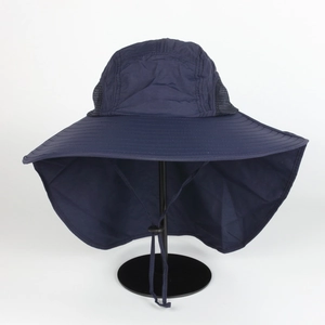 Detail of outdoor sun hat featuring breathable mesh panels and protective neck flap