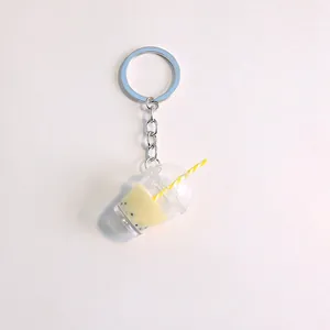 Detailed view of bubble tea keychain with realistic resin liquid and silver metal ring