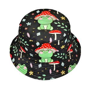 Black bucket hat with colorful cartoon frog and mushroom prints for outdoor wear