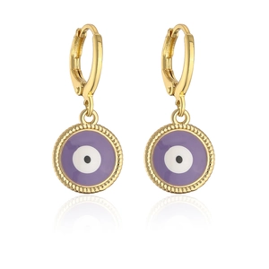 Detailed close-up of gold hoop earrings with purple enamel evil eye charms on white background
