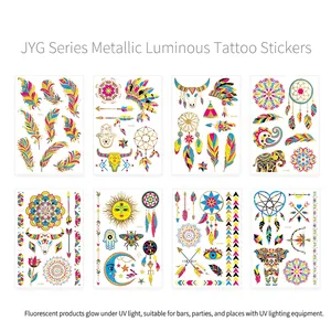 Set of 8 waterproof metallic gold fluorescent tattoos with bohemian feather designs