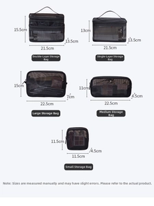 Detailed size comparison chart for large and small travel makeup storage bags