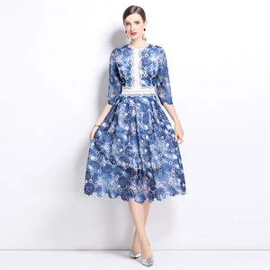 Blue floral lace dress with hollow out details and white embroidery accents