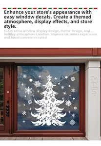 Detailed white Christmas tree window decal with snowflakes for glass store display