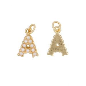 Elegant gold letter A pendant with inlaid pearls and smooth metal backing on white background