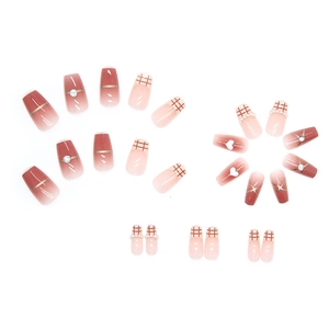 French gradient press-on nails with red plaid, 3D heart, and pearl accents